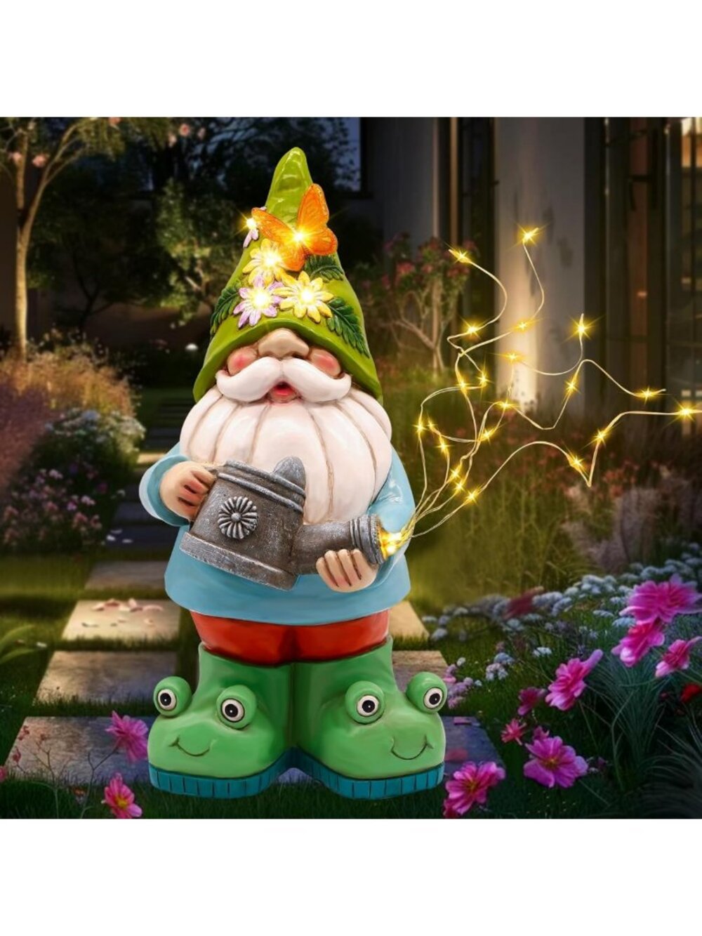 Charming Solar Watering Can Gnome Statue | Weatherproof LED Garden Decor with 30
